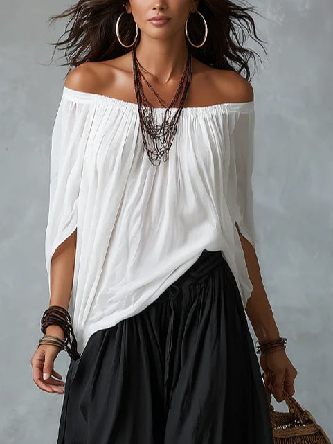 Divina - Boho Off-Shoulder Top and Wide-Leg Pants Set