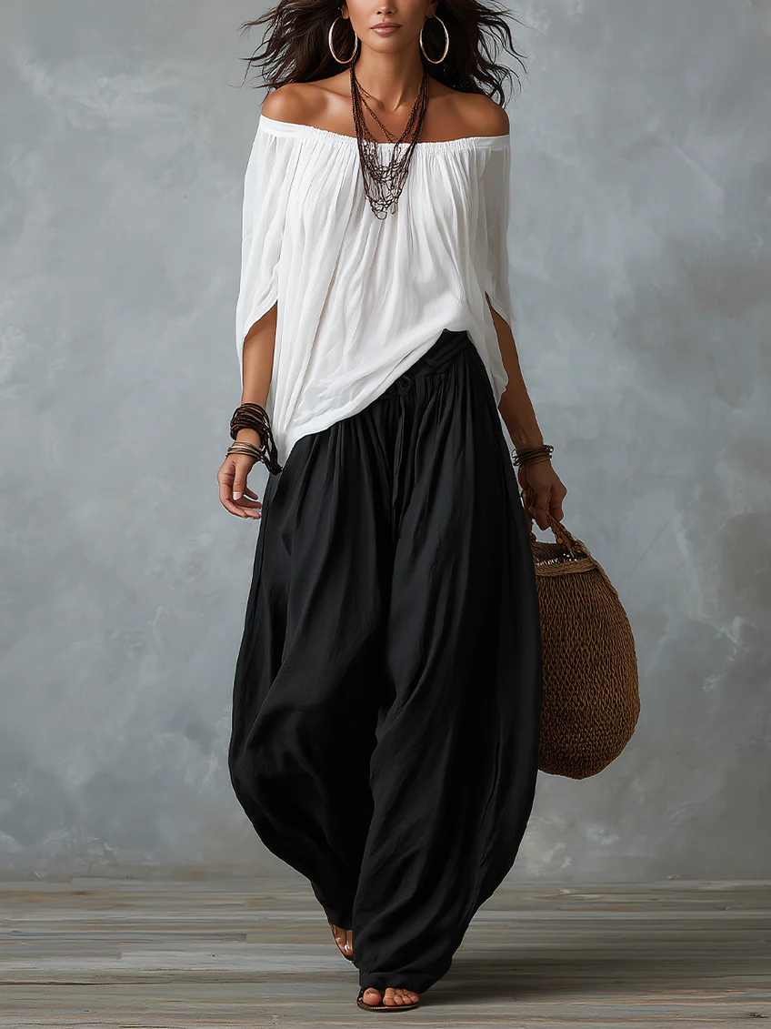 Divina - Boho Off-Shoulder Top and Wide-Leg Pants Set