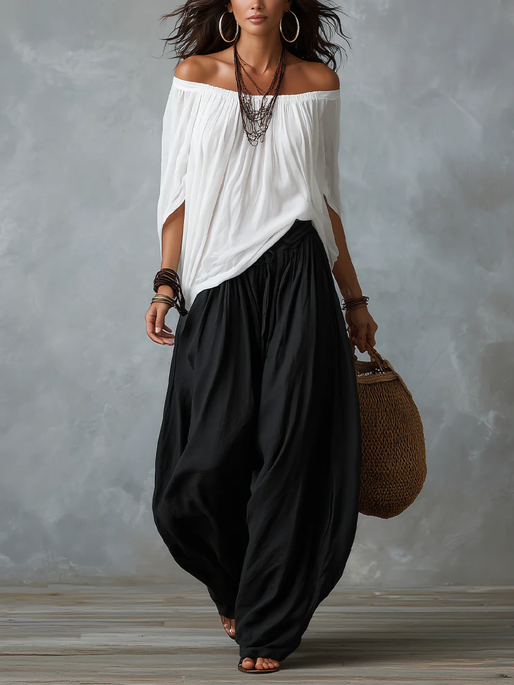 Divina - Boho Off-Shoulder Top and Wide-Leg Pants Set