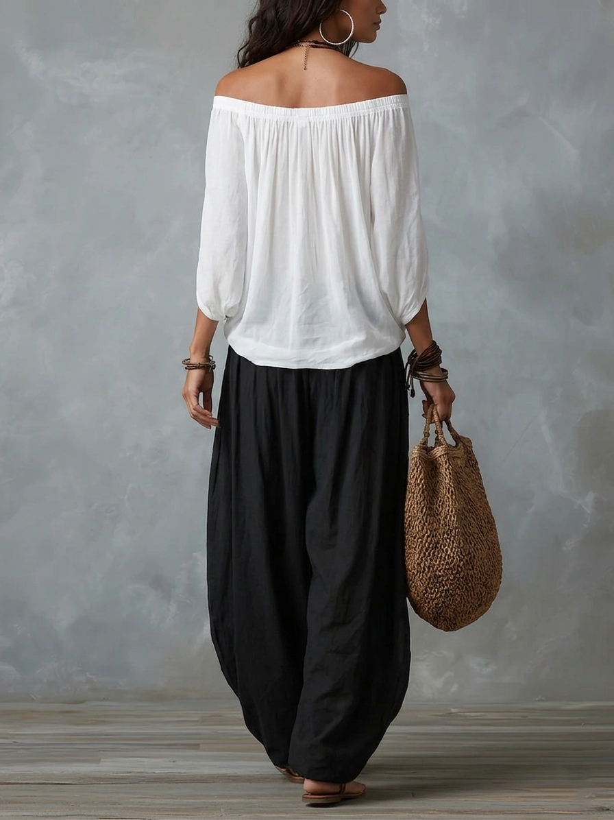Divina - Boho Off-Shoulder Top and Wide-Leg Pants Set