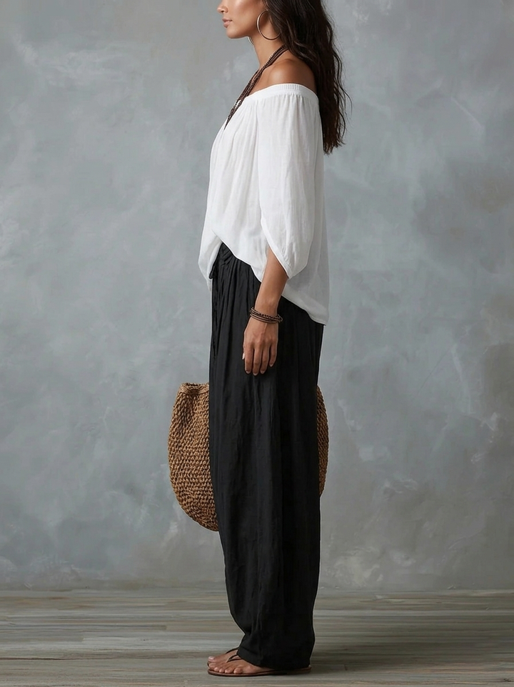 Divina - Boho Off-Shoulder Top and Wide-Leg Pants Set