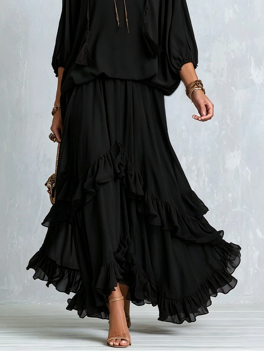 Cecilia - Black Tulle Top and Striped Skirt Matching Set