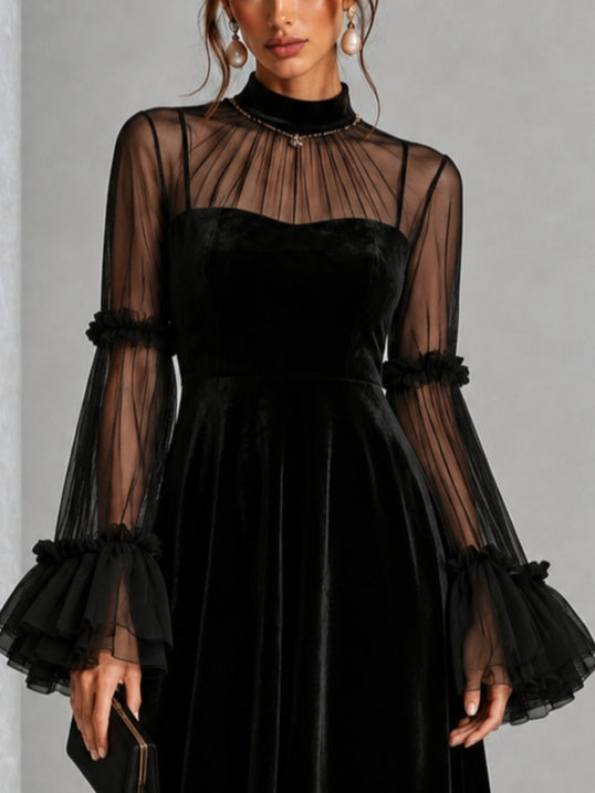 Davina - Black Velvet and Sheer Mesh Pleated Midi Dress