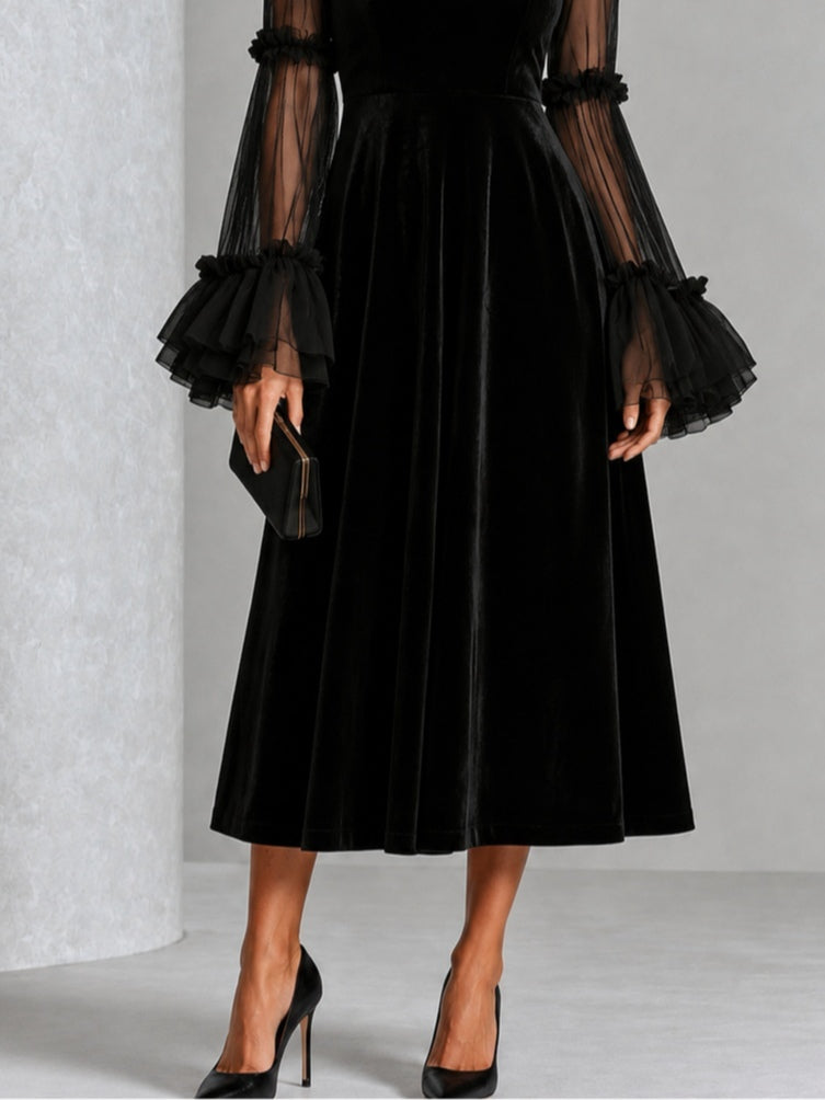 Davina - Black Velvet and Sheer Mesh Pleated Midi Dress