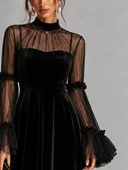 Davina - Black Velvet and Sheer Mesh Pleated Midi Dress