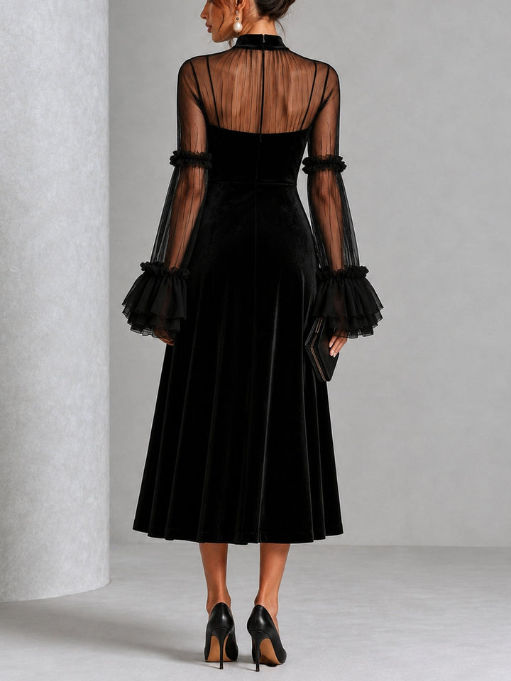 Davina - Black Velvet and Sheer Mesh Pleated Midi Dress