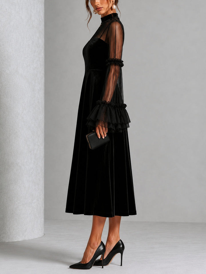Davina - Black Velvet and Sheer Mesh Pleated Midi Dress