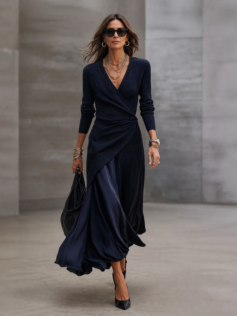 Iliana - Navy Asymmetric Wrap-Style Maxi Dress