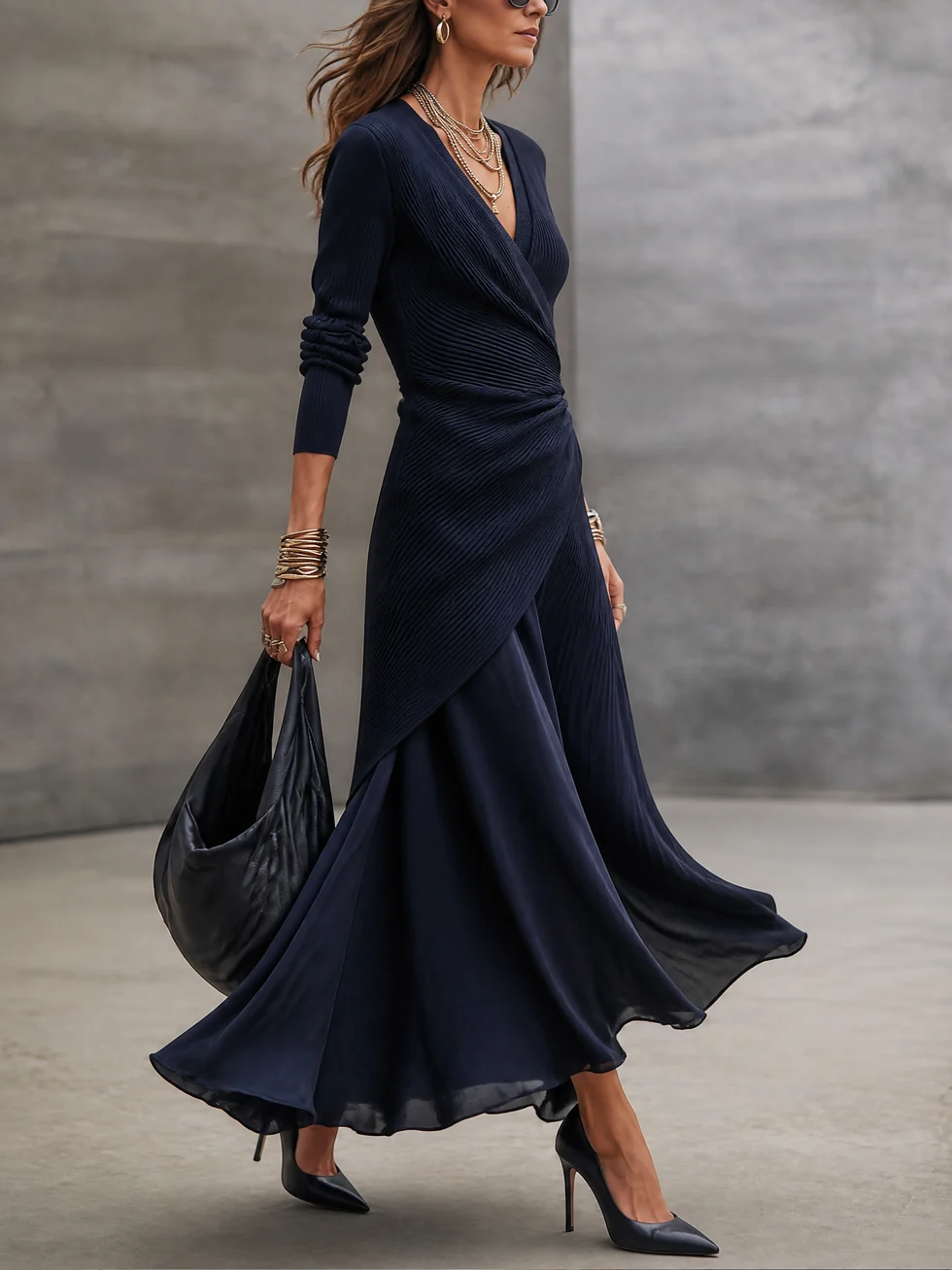 Iliana - Navy Asymmetric Wrap-Style Maxi Dress