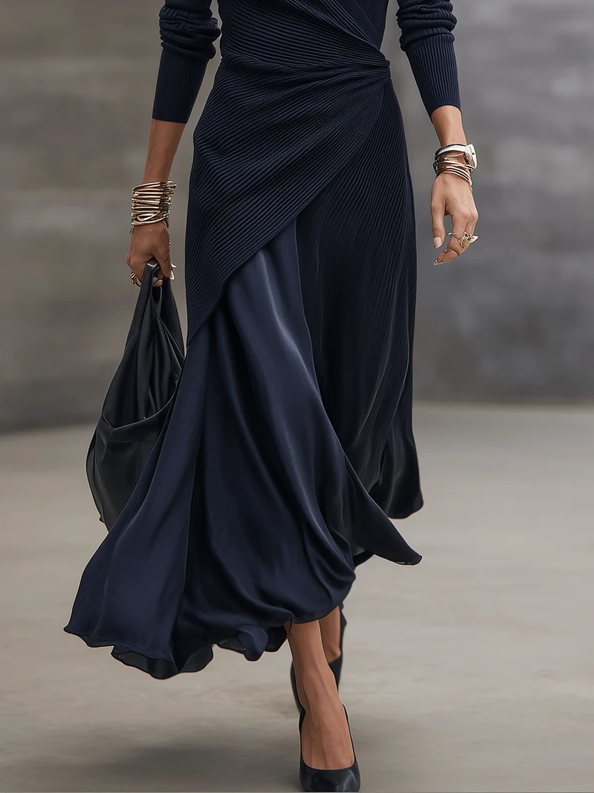Iliana - Navy Asymmetric Wrap-Style Maxi Dress