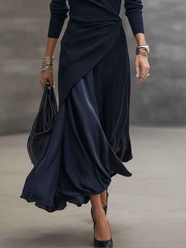 Iliana - Navy Asymmetric Wrap-Style Maxi Dress