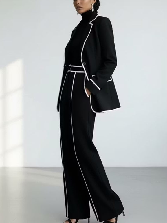 Annamarie - Black Contrast-Stitch Blazer and Wide-Leg Pants Matching Set