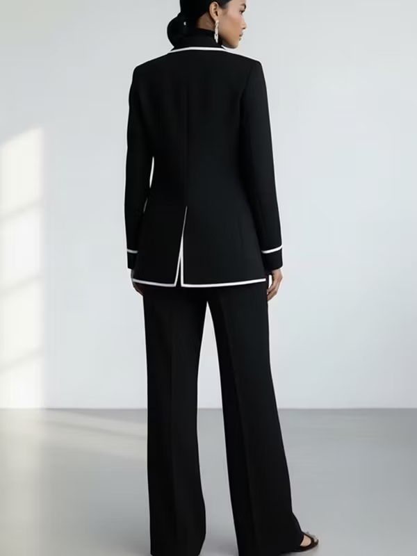 Annamarie - Black Contrast-Stitch Blazer and Wide-Leg Pants Matching Set