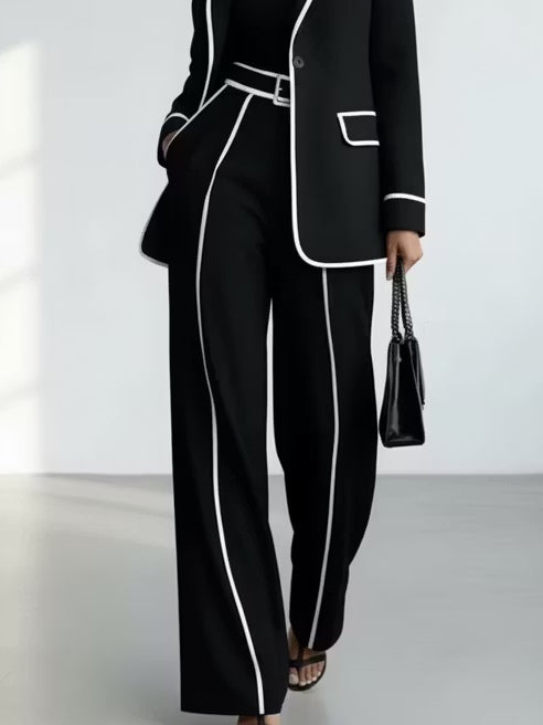 Annamarie - Black Contrast-Stitch Blazer and Wide-Leg Pants Matching Set