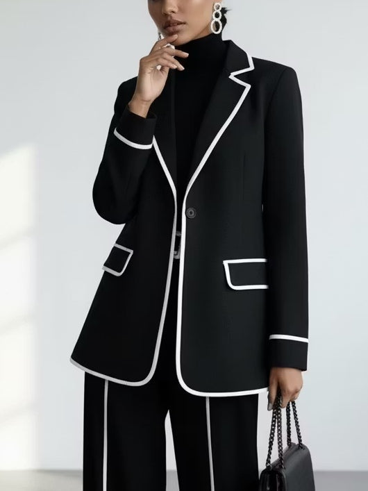 Annamarie - Black Contrast-Stitch Blazer and Wide-Leg Pants Matching Set