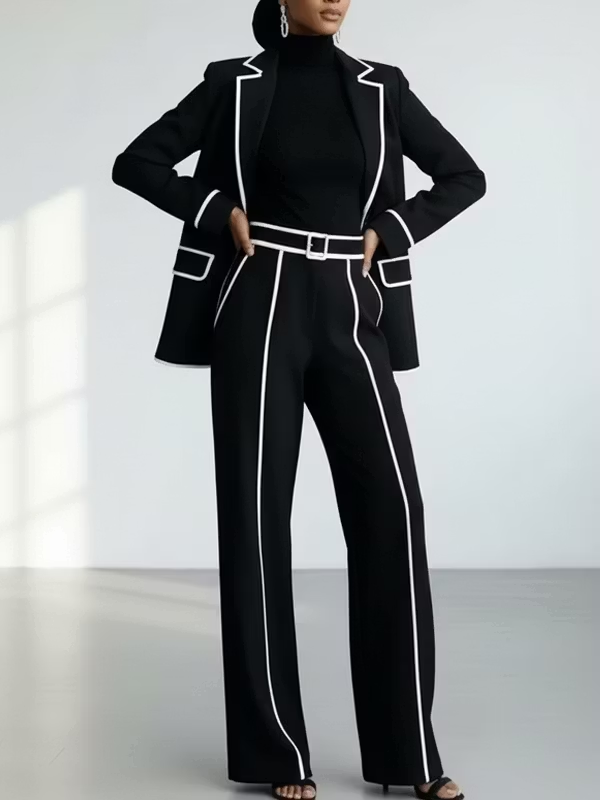 Annamarie - Black Contrast-Stitch Blazer and Wide-Leg Pants Matching Set