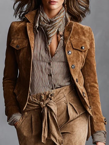 Hattie - Brown Suede Single-Button Cropped Jacket