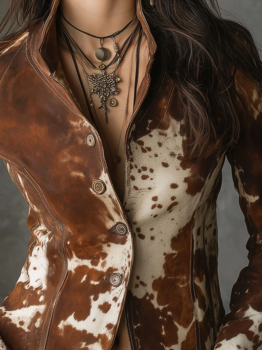 Kira - Vintage Slim-Fit Cow Print Suede Jacket