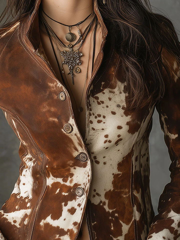 Kira - Vintage Slim-Fit Cow Print Suede Jacket