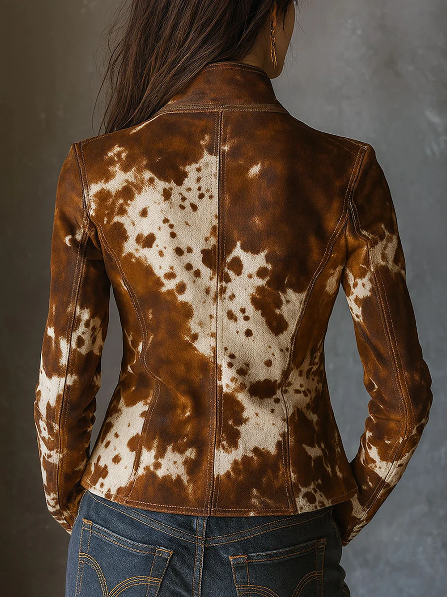 Kira - Vintage Slim-Fit Cow Print Suede Jacket