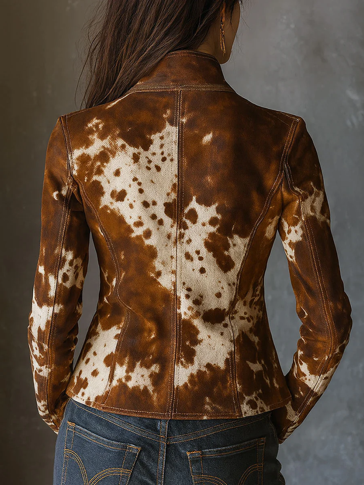 Kira - Vintage Slim-Fit Cow Print Suede Jacket