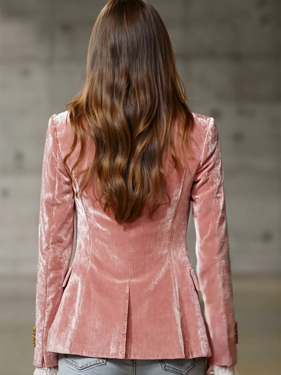 Edie - Retro Pink Velvet Jacket with Gold Buttons