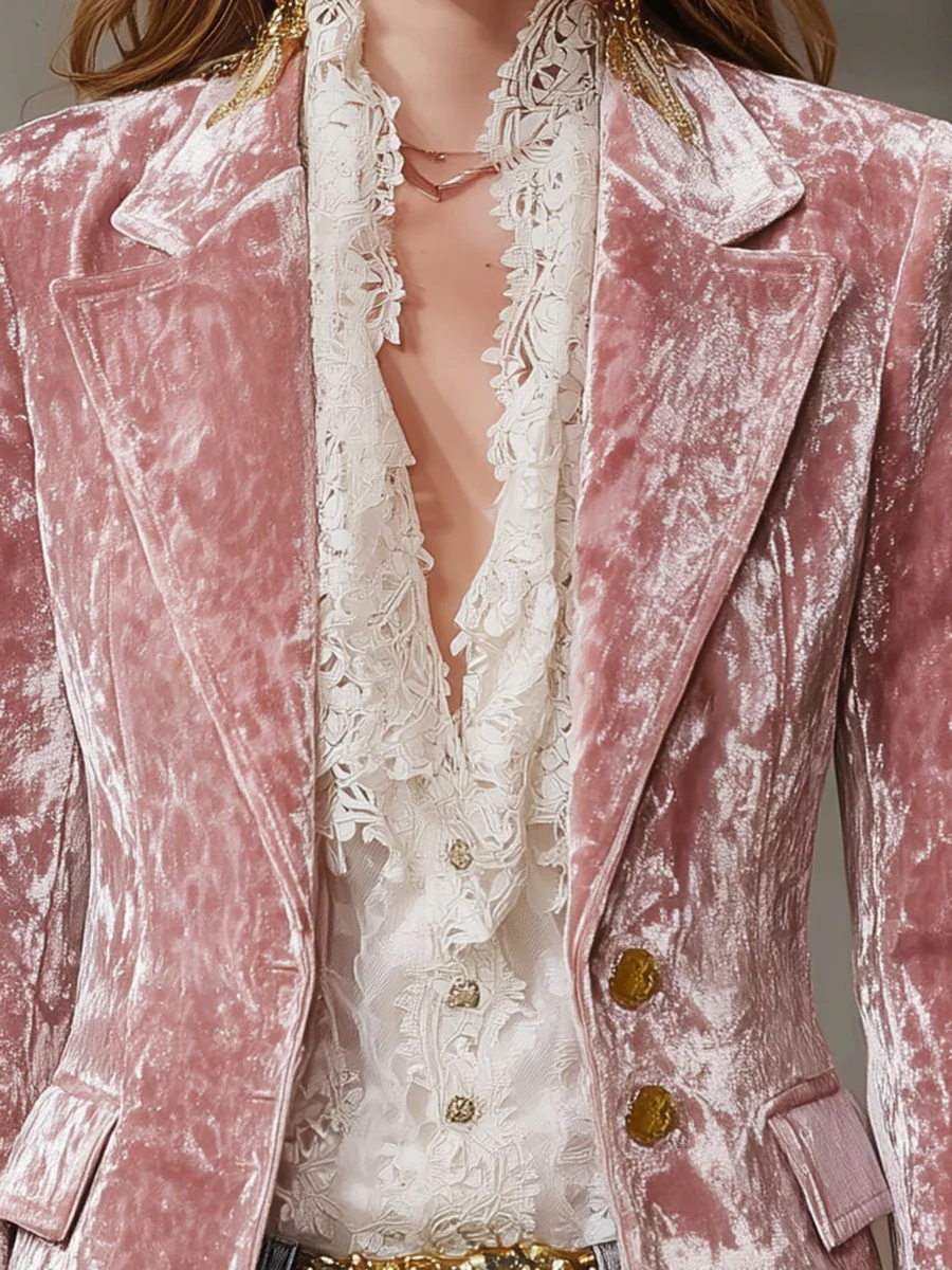 Edie - Retro Pink Velvet Jacket with Gold Buttons