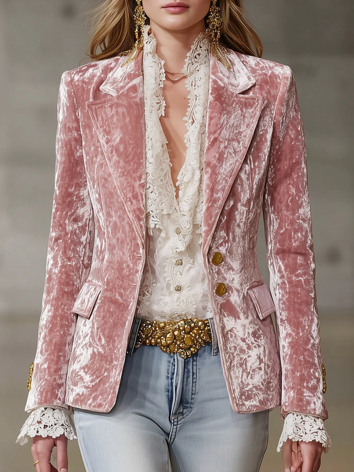 Edie - Retro Pink Velvet Jacket with Gold Buttons