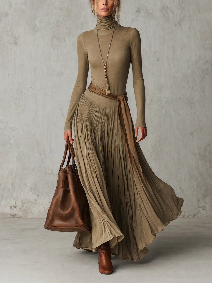 Honora - Green Pleated Maxi Dress with Waist Flower