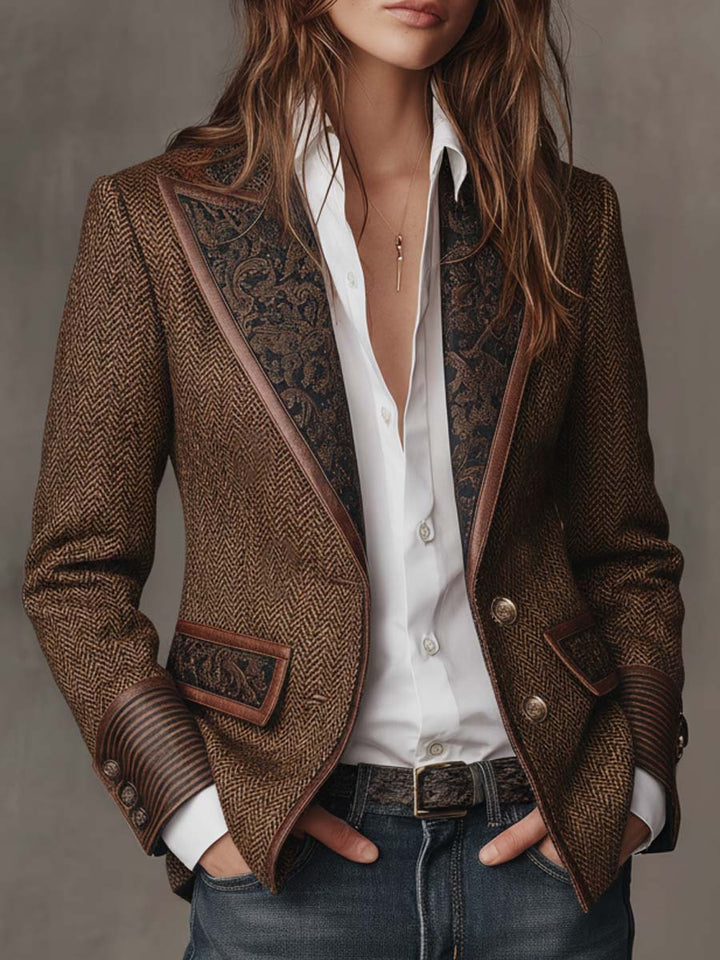 Penny - Brown Chevron Blazer with Printed Lapel and Contrast Trim