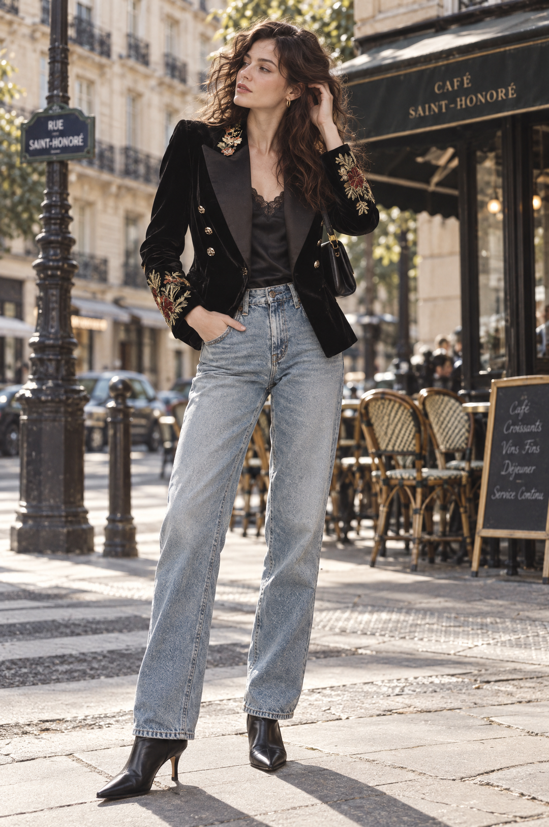 Mabel - Quiet Luxury Slim Velvet Blazer with Floral Embroidery and Satin Lapels