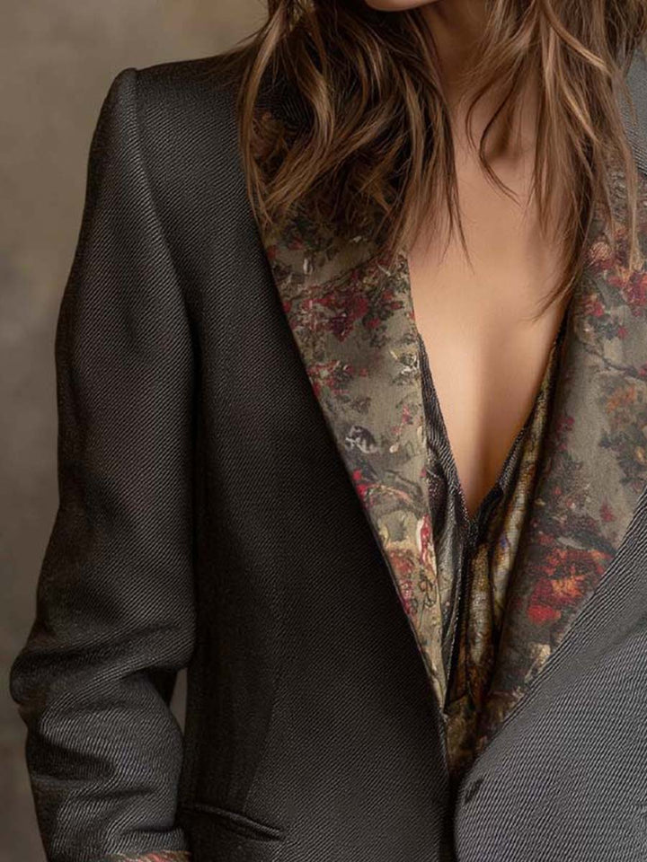 Zoe - Retro Dark Grey Blazer with Contrast Floral Print