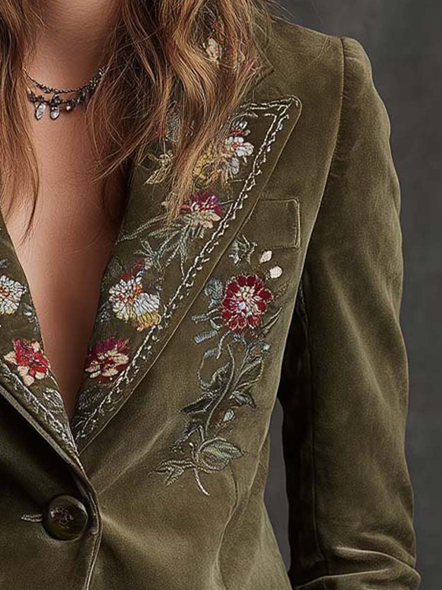Iris - Olive Velvet Blazer with Floral Embroidery