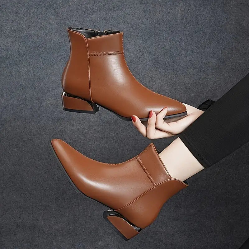 Gracie - Pointed Toe Block Heel Leather Boots