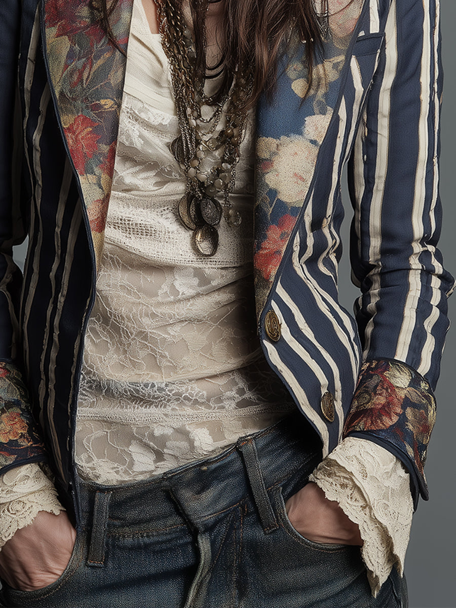 Willa - Cotton-Linen Striped Floral Blazer