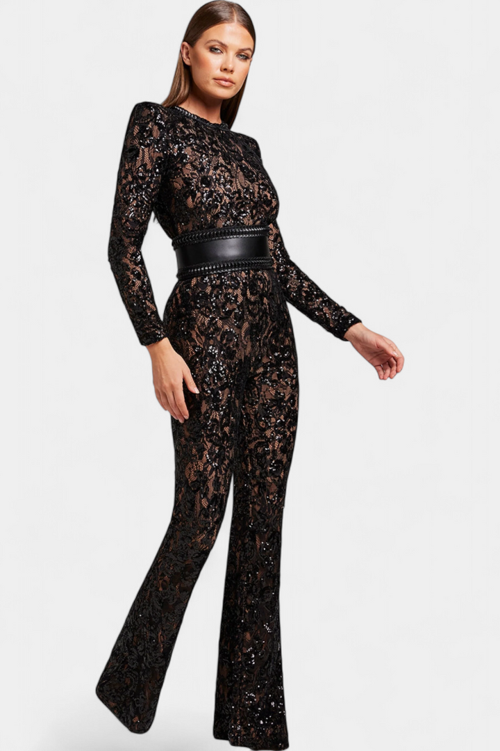 Shelley - Lace Sequin Jumpsuit with Belt