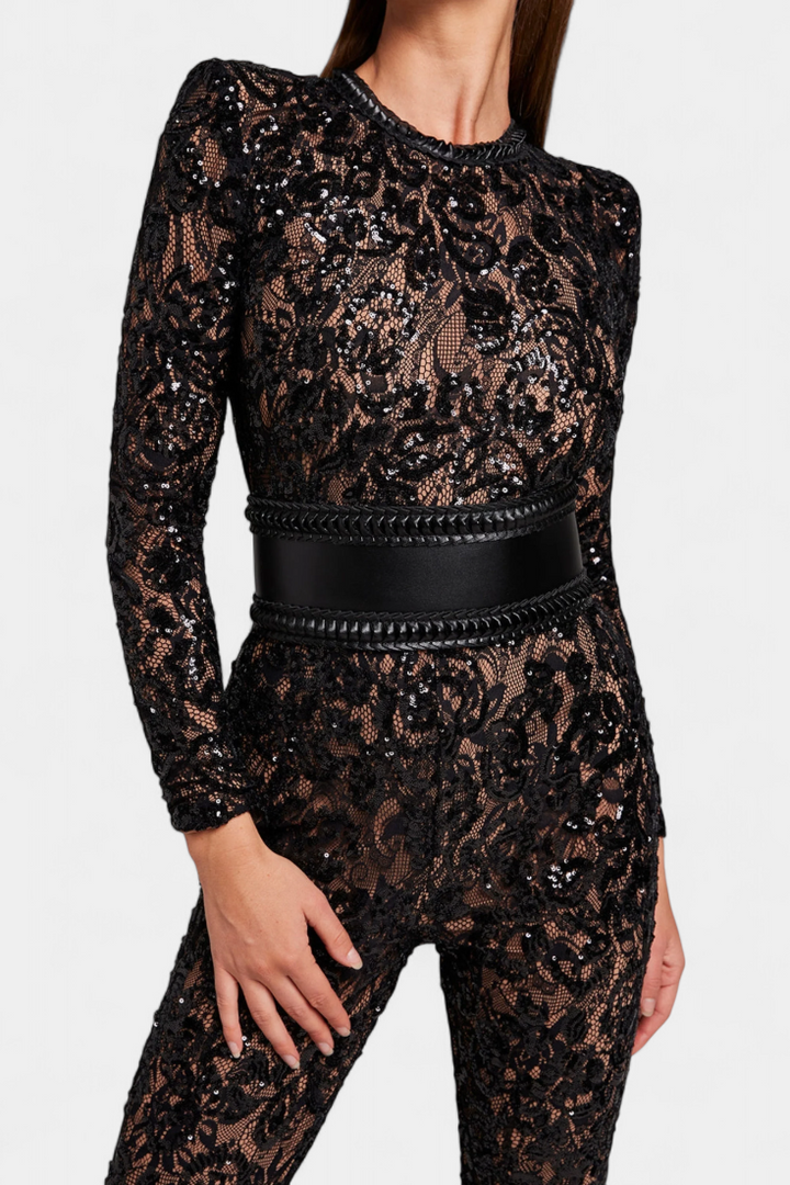 Shelley - Lace Sequin Jumpsuit with Belt