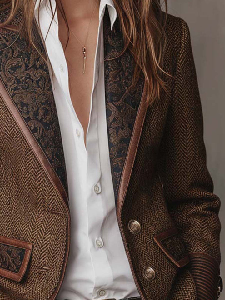 Penny - Brown Chevron Blazer with Printed Lapel and Contrast Trim