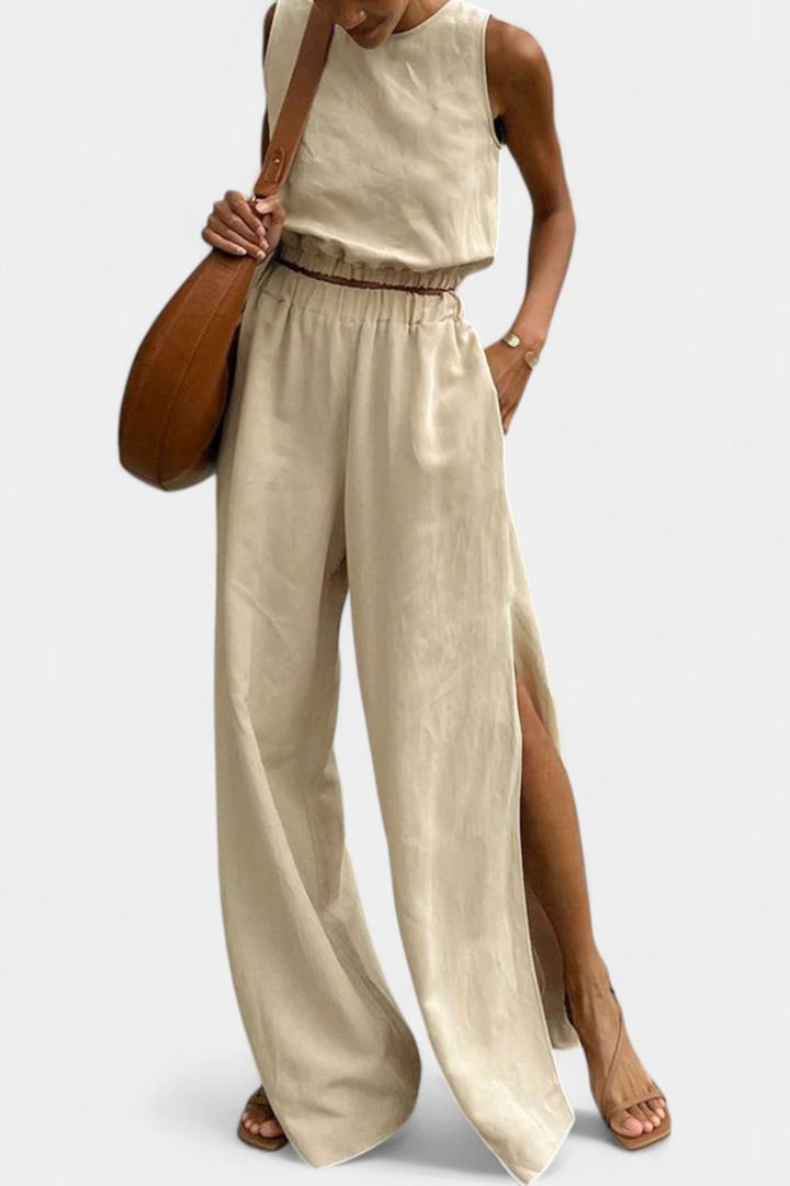 Nerissa - Cotton-Linen Sleeveless Top and Wide-Leg Pants Set with Side Slits