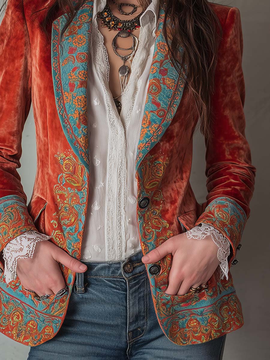 Thea - Retro Velvet Blazer with Contrast Print