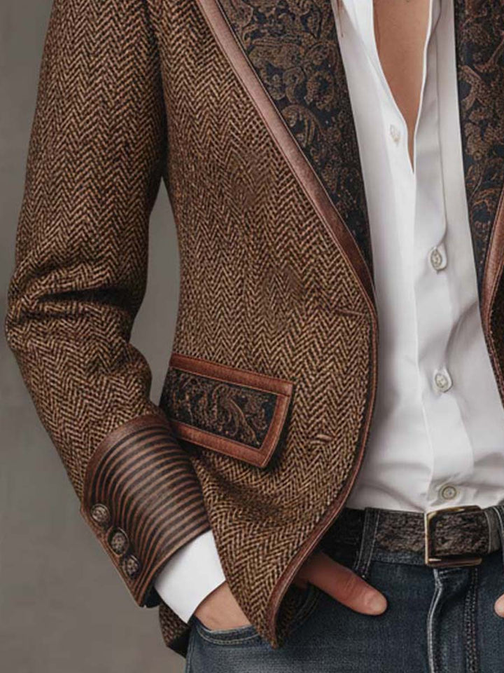 Penny - Brown Chevron Blazer with Printed Lapel and Contrast Trim
