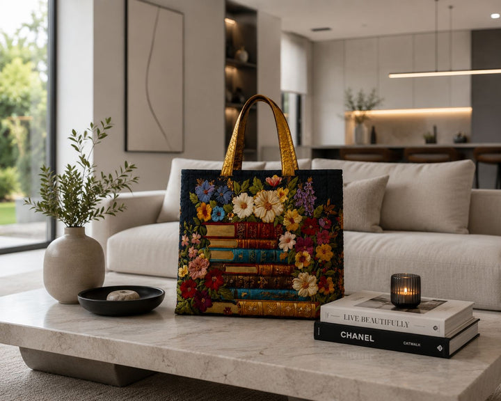 Bolso Tote Acolchado - Estampado floral y de libros