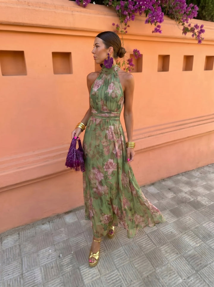 Mallory - Green Floral Maxi Dress with Plunging Neckline