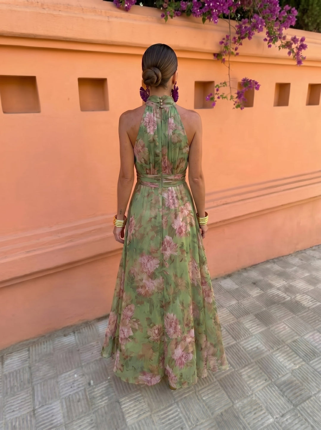 Mallory - Green Floral Maxi Dress with Plunging Neckline