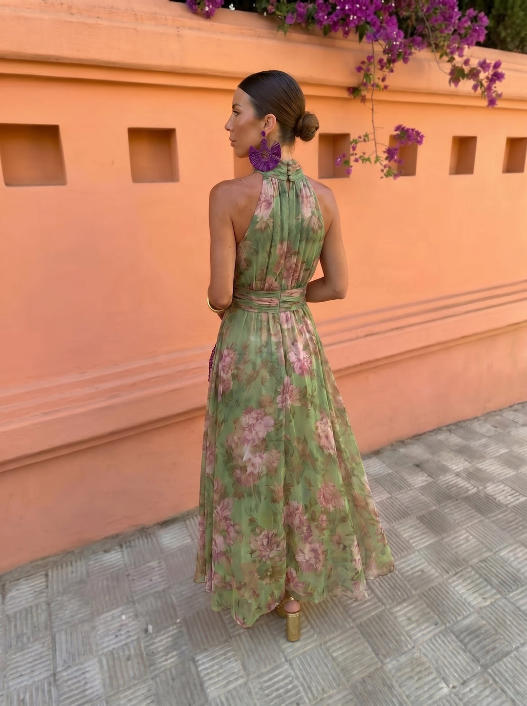 Mallory - Green Floral Maxi Dress with Plunging Neckline