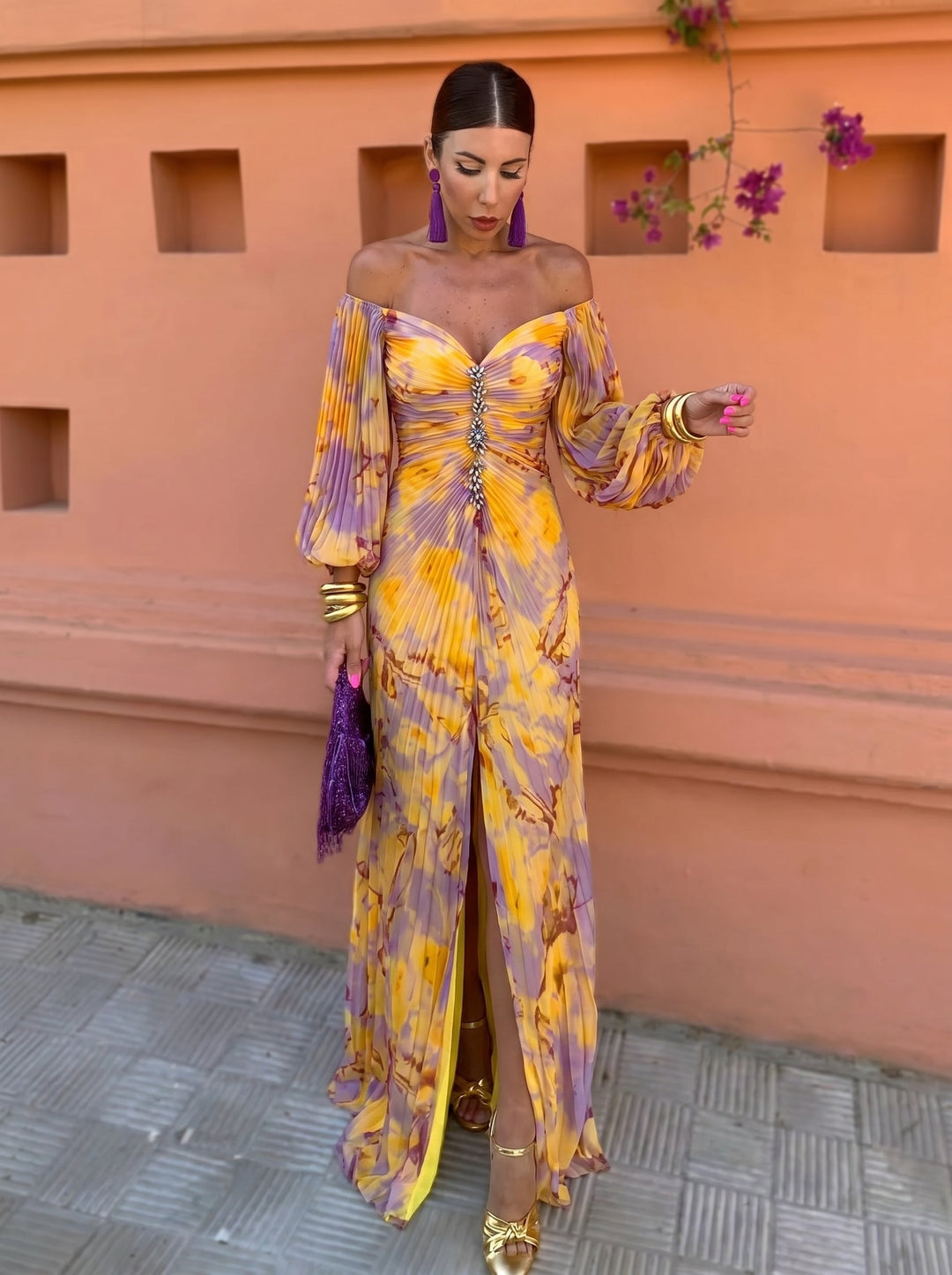 Rachel - Yellow Floral Midi Dress with Side Slit