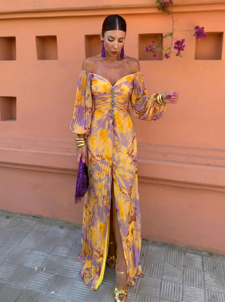 Rachel - Yellow Floral Midi Dress with Side Slit