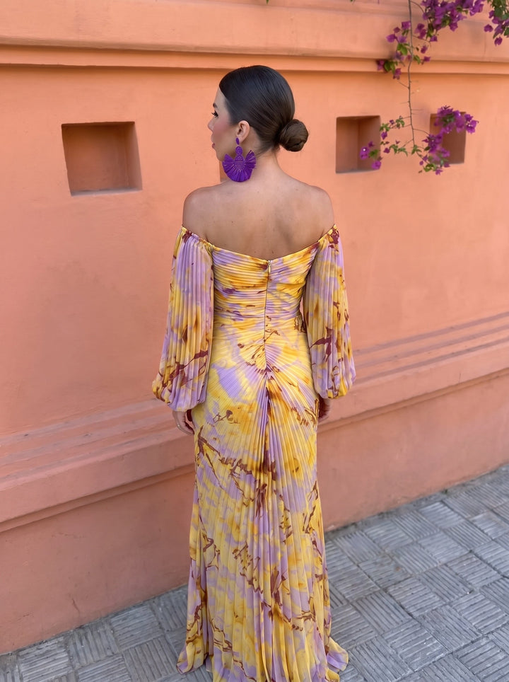 Rachel - Yellow Floral Midi Dress with Side Slit