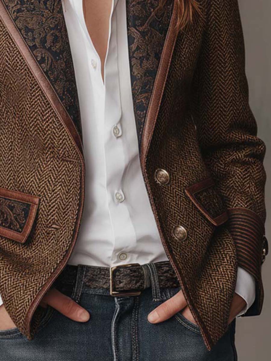 Penny - Brown Chevron Blazer with Printed Lapel and Contrast Trim
