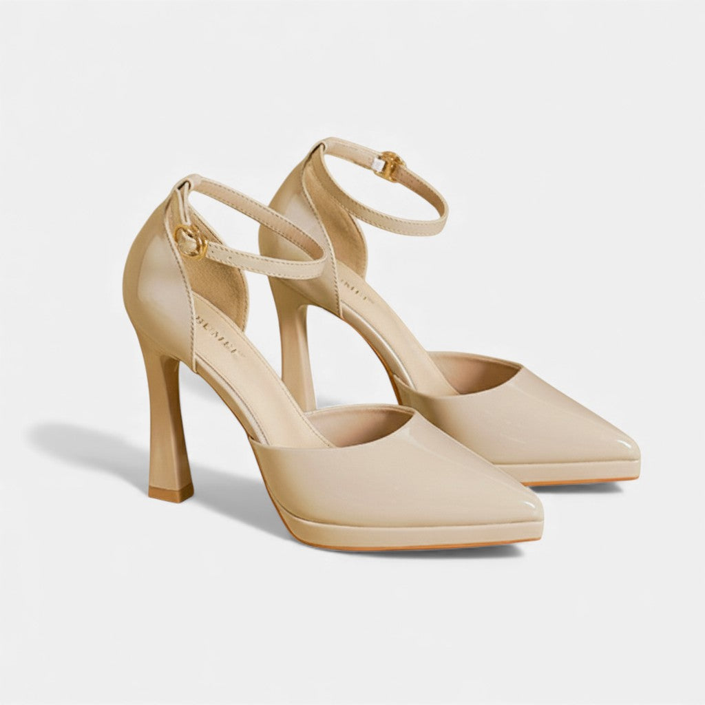 Babette - Leather Pointed Toe Ankle Strap Block Heels